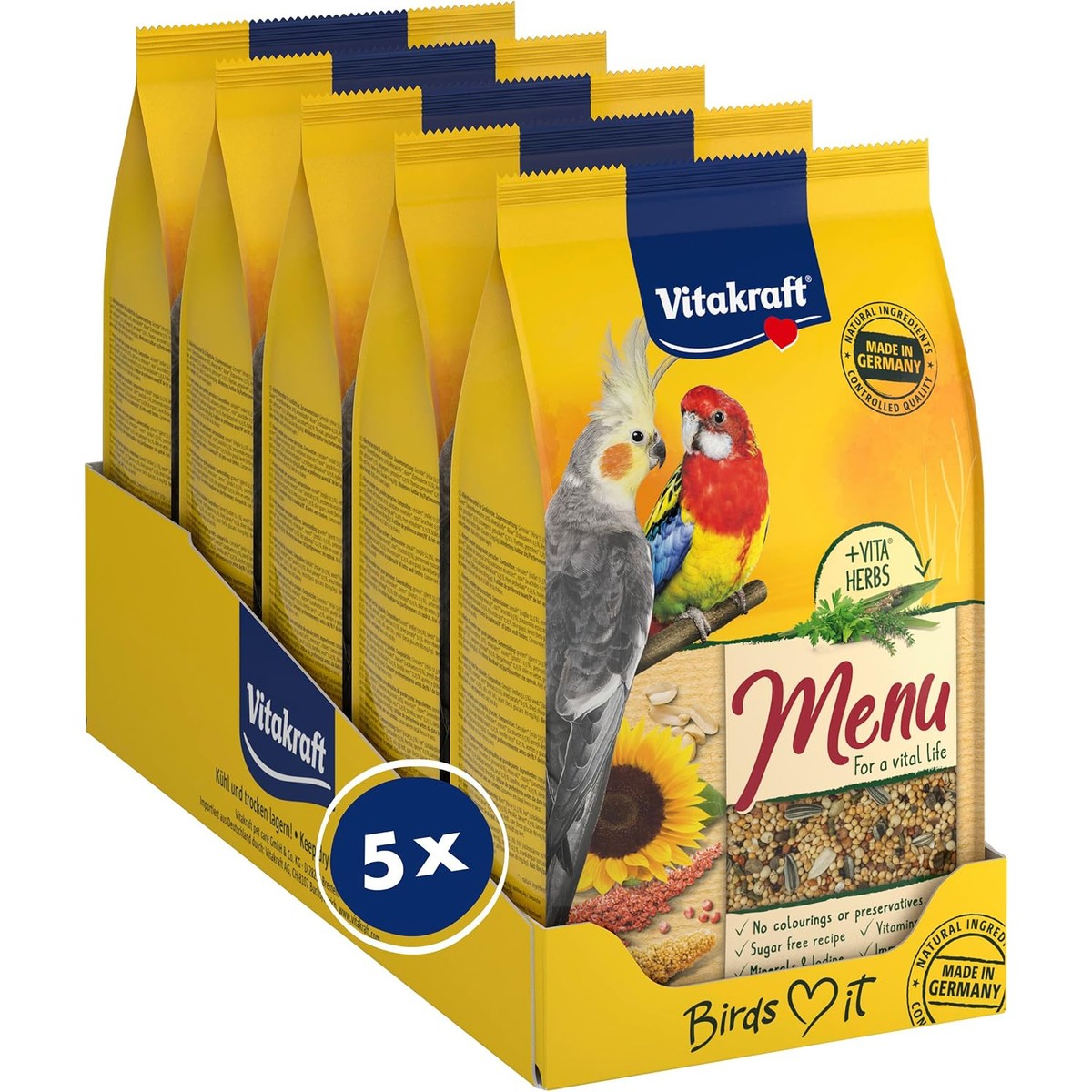 Vitakraft Menu, vogelvoer voor grote parkieten, met granen en noten, grote verpakking, zonder toegevoegde suiker (5 x 1 kg) – Vitakraft