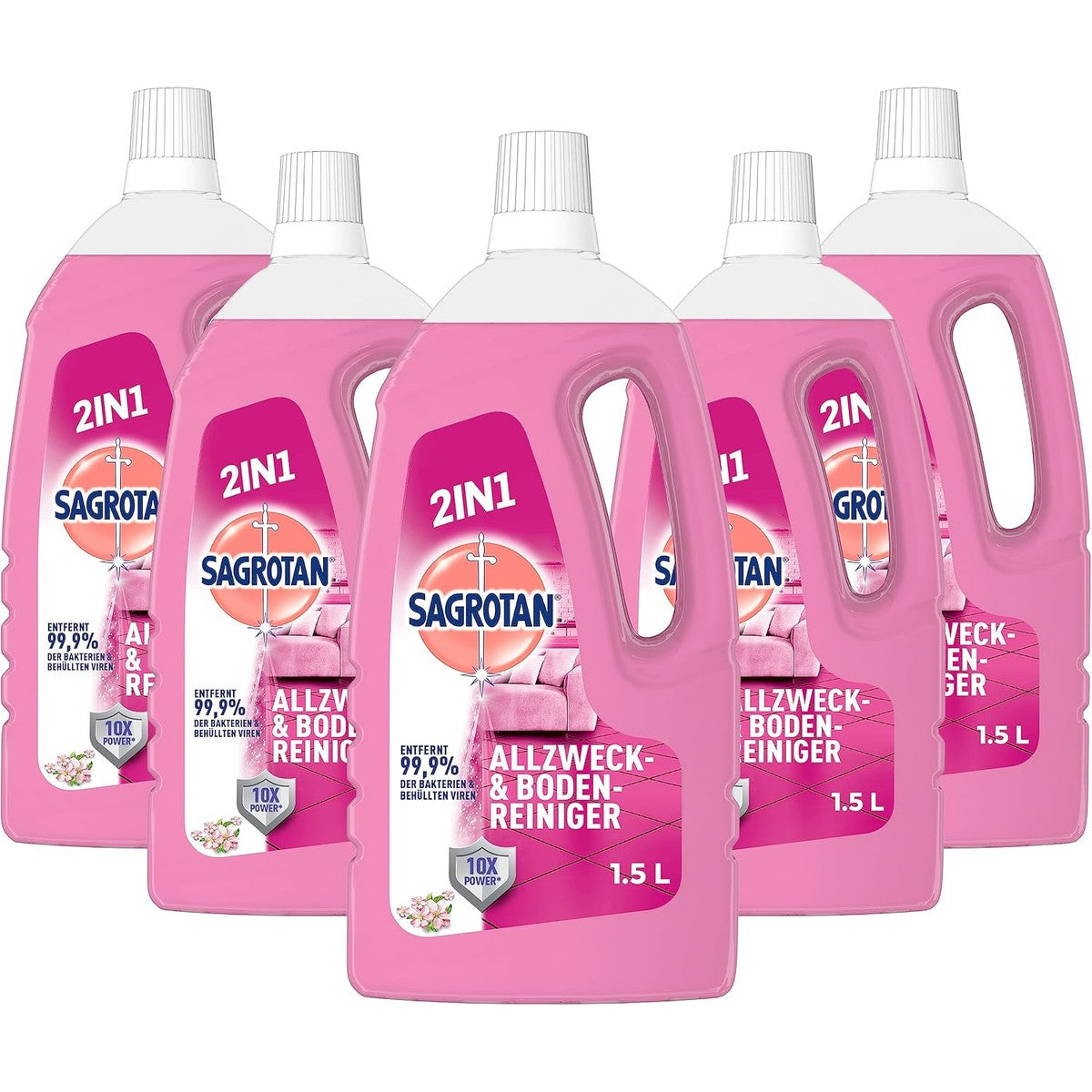 Sagrotan Multifunctionele reiniger bloemenfrisheid – 2-in-1 desinfectiemiddel voor betrouwbare reiniging van oppervlakken – 5 x 1,5 l reinigingsmiddel – Sagrotan
