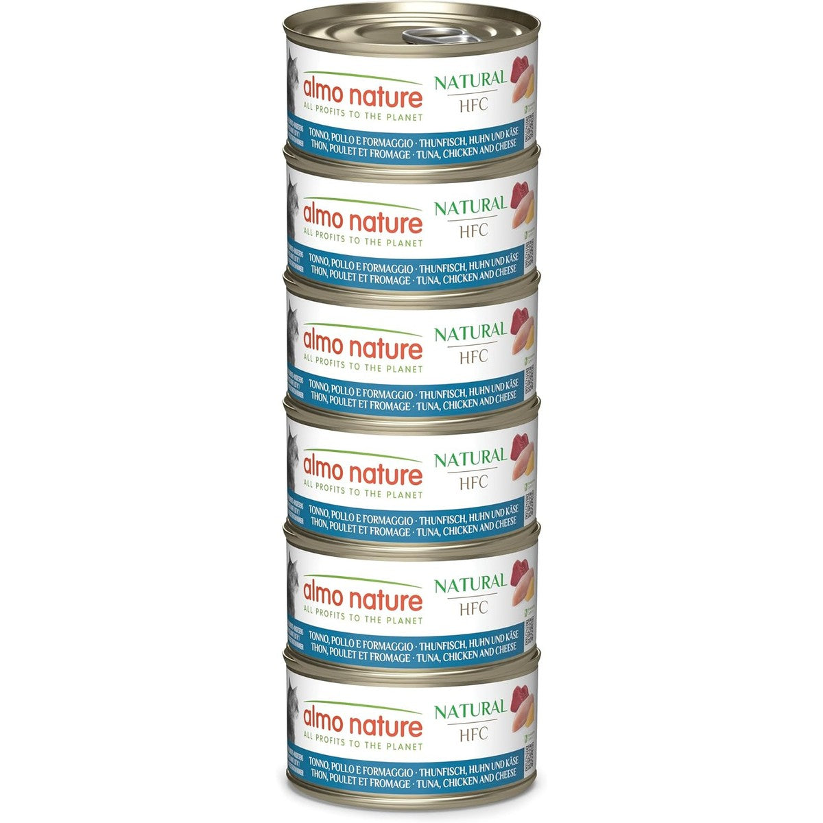 Almo Nature HFC Natural Natvoer voor volwassen katten, tonijn, kip & kaas, Human Grade, glutenvrij, 6 x 70 g – almo nature