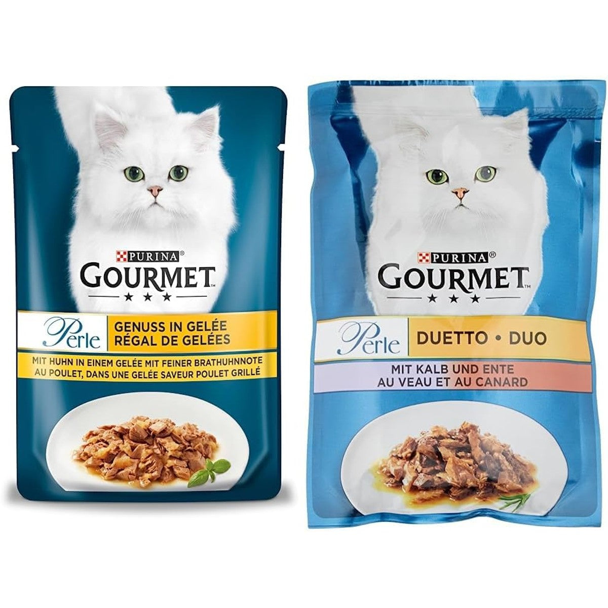 PURINA Gourmet Perle Genuss in gelei kattenvoer nat met kip & fijne braadkip note, 26 stuks (26 x 85 g) & Purina Gourmet Perle Duetto kattenvoer nat, met kalf en eend, verpakking van 26 (26 x 85 g) – Purina
