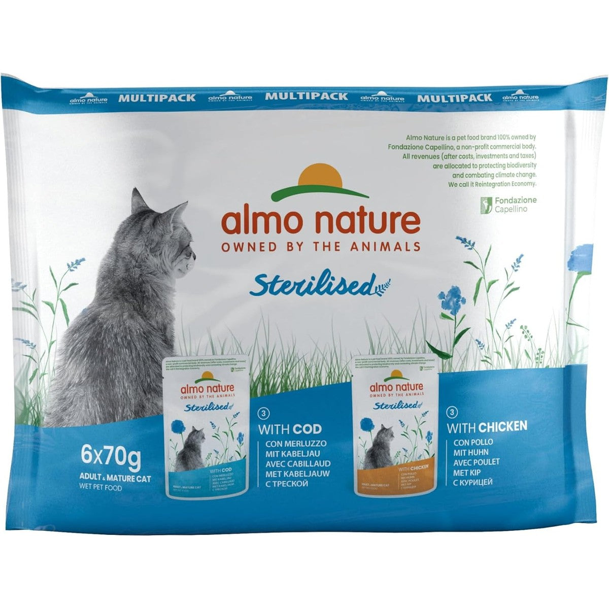Almo Nature Functioneel – gesteriliseerd – vochtige voeding voor volwassen en oudere, gesteriliseerde of weinig actieve katten – met kabeljauw en kip – vetarm, hydraterend – 70 g (verpakking van 6 – almo nature