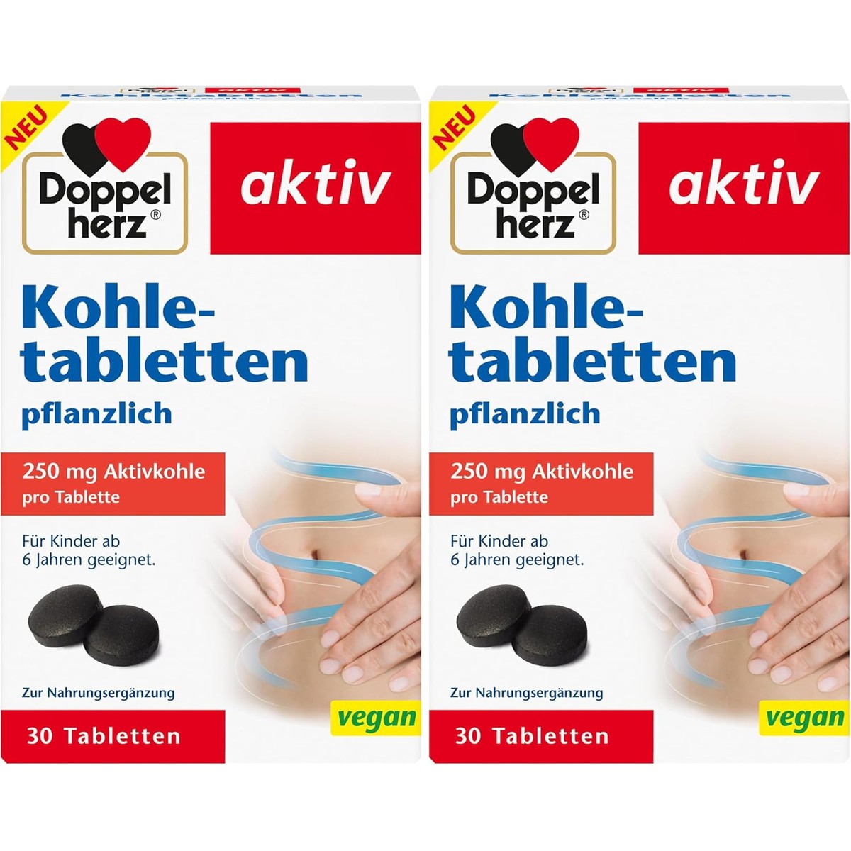 Doppelherz Plantaardige kooltabletten - Actieve kool draagt bij aan de vermindering van overmatige winderigheid na het eten - 30 tabletten (verpakking van 2) – Doppelherz