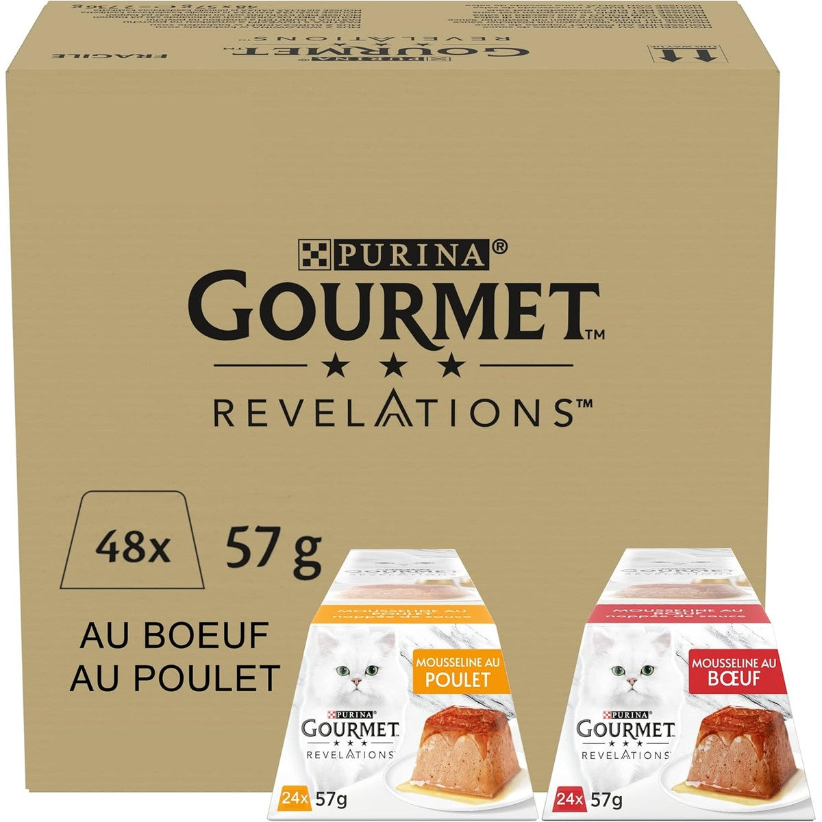 Gourmet Revelations Mousse, nat kattenvoer, kip & rundvlees, 48 stuks (48 x 57 g) – Gourmet