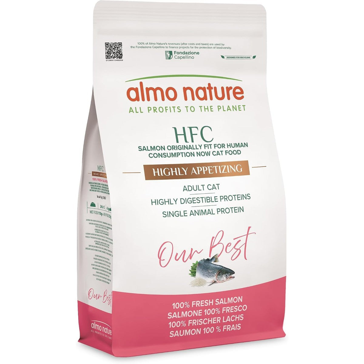 Almo Nature HFC Our Best - Highly Appetizing Droogvoer voor katten, verse zalm, levensmiddelenkwaliteit, glutenvrij, monoproteïne, zeer lekker, 1,2 kg – almo nature