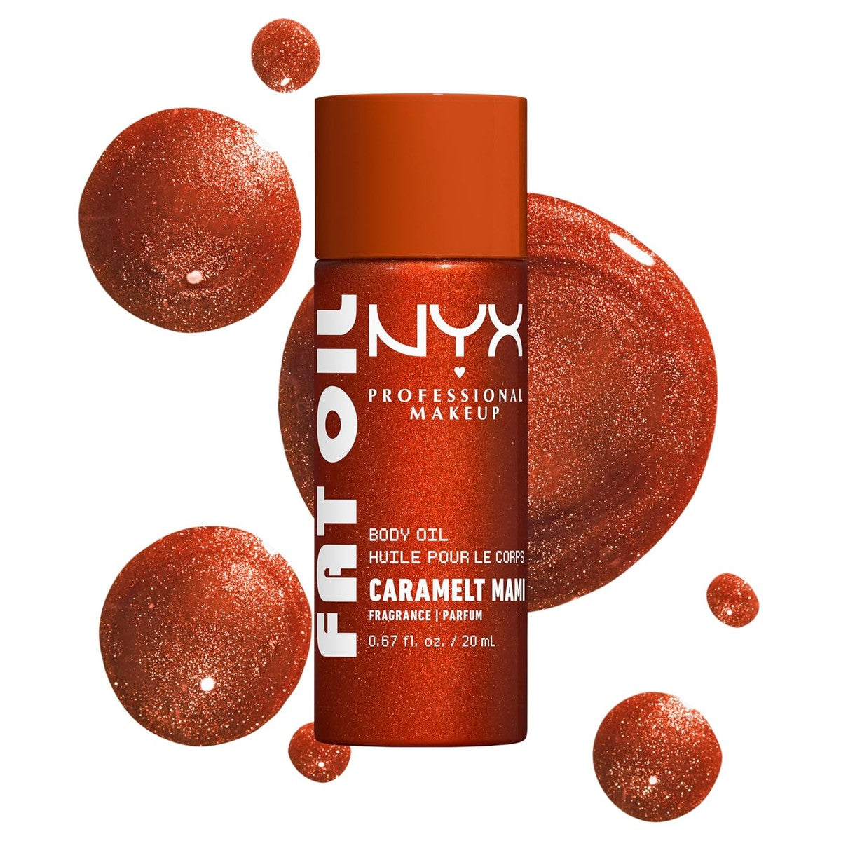 NYX Professional Makeup, Fat Oil Body Oil, vochtinbrengende verzorging met intensieve glans met avocado-olie en vitamine E, lichte, glanzende afwerking, 24 uur vocht, veganistische formule, caramel | Mini-lichaamsolie verzorgt de huid, in – NYX PROFESSIONAL MAKEUP