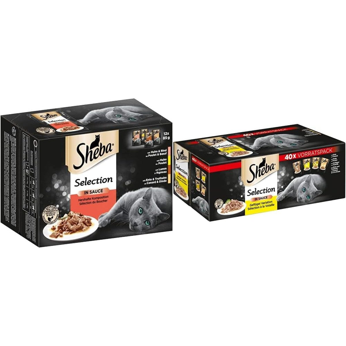 Sheba – Kattenvoer, hartige compositie in saus voor volwassen katten – Maxi-Pack 48 x 85 g kattenvoer & selectie in saus, kattenvoer in versverpakking, 40 x 85 g – Sheba