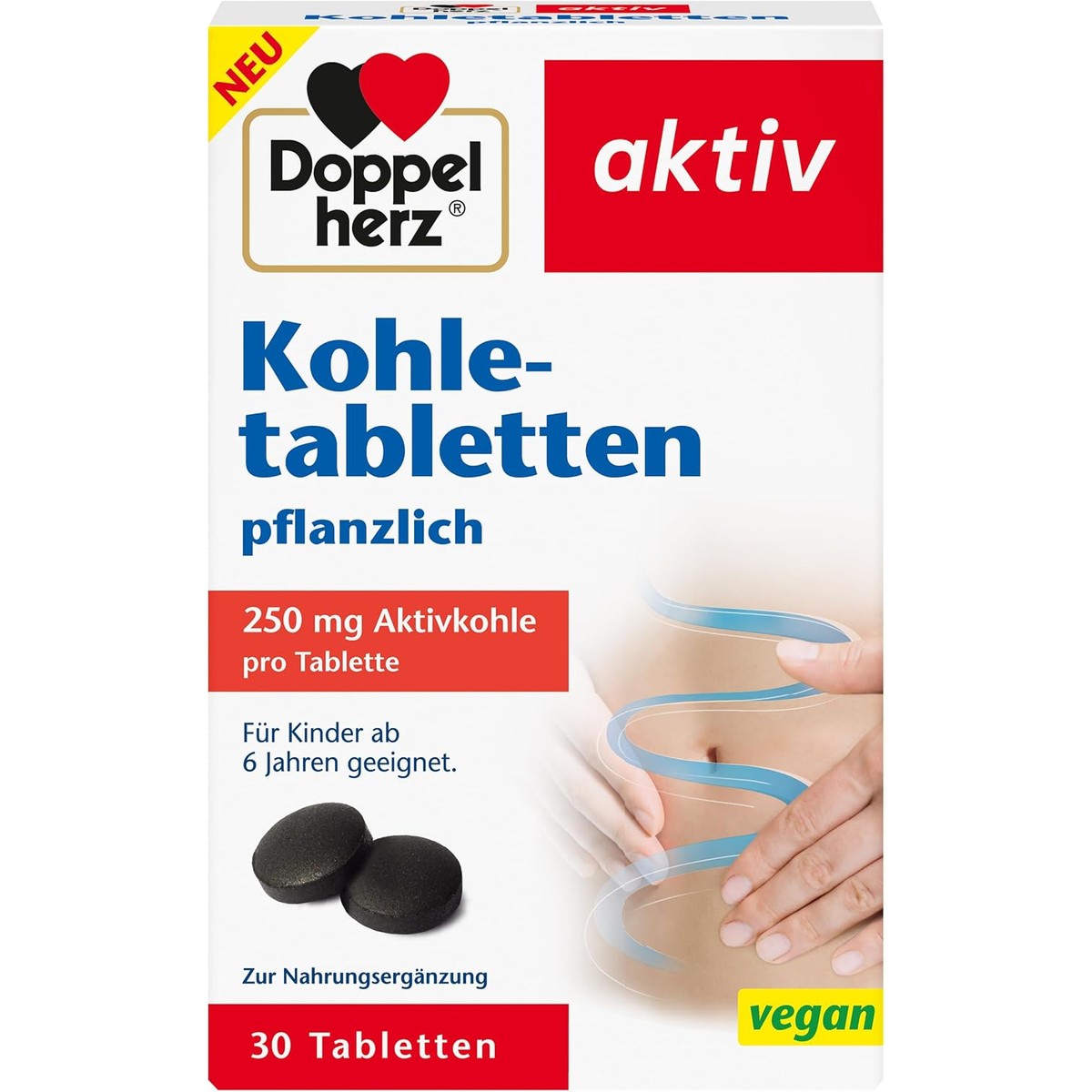 Doppelherz Plantaardige kooltabletten: actieve kool draagt bij aan de vermindering van overmatige winderigheid na het eten - 30 tabletten – Doppelherz