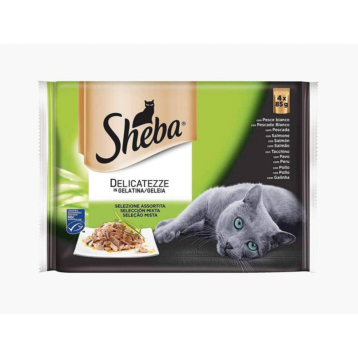 Sheba Delicatezze Natvoer voor katten, gemengde selectie in gelatine, vis, multipack (13 dozen x 4 zakken x 85 g) – Sheba