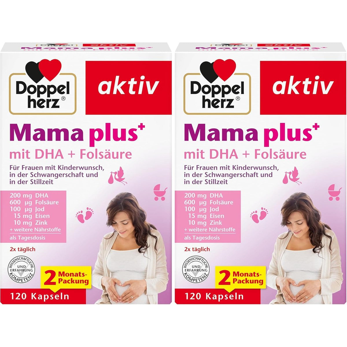 Doppelherz Mama Plus met DHA + foliumzuur, belangrijke voedingsstoffen voor vrouwen met een kinderwens tijdens de zwangerschap en tijdens de borstvoeding, 120 capsules (verpakking van 2) – Doppelherz
