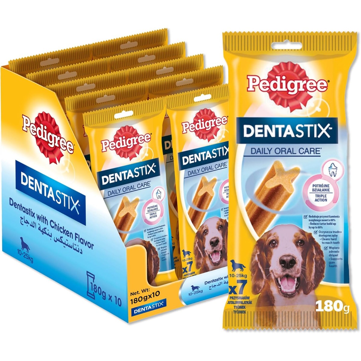 Pedigree DentaStix Hondensnack voor middelgrote honden (10-25 kg), tandverzorgingssnack met kip en rundvlees, 10 verpakkingen van elk 7 stuks (10 x 180 g) – Pedigree