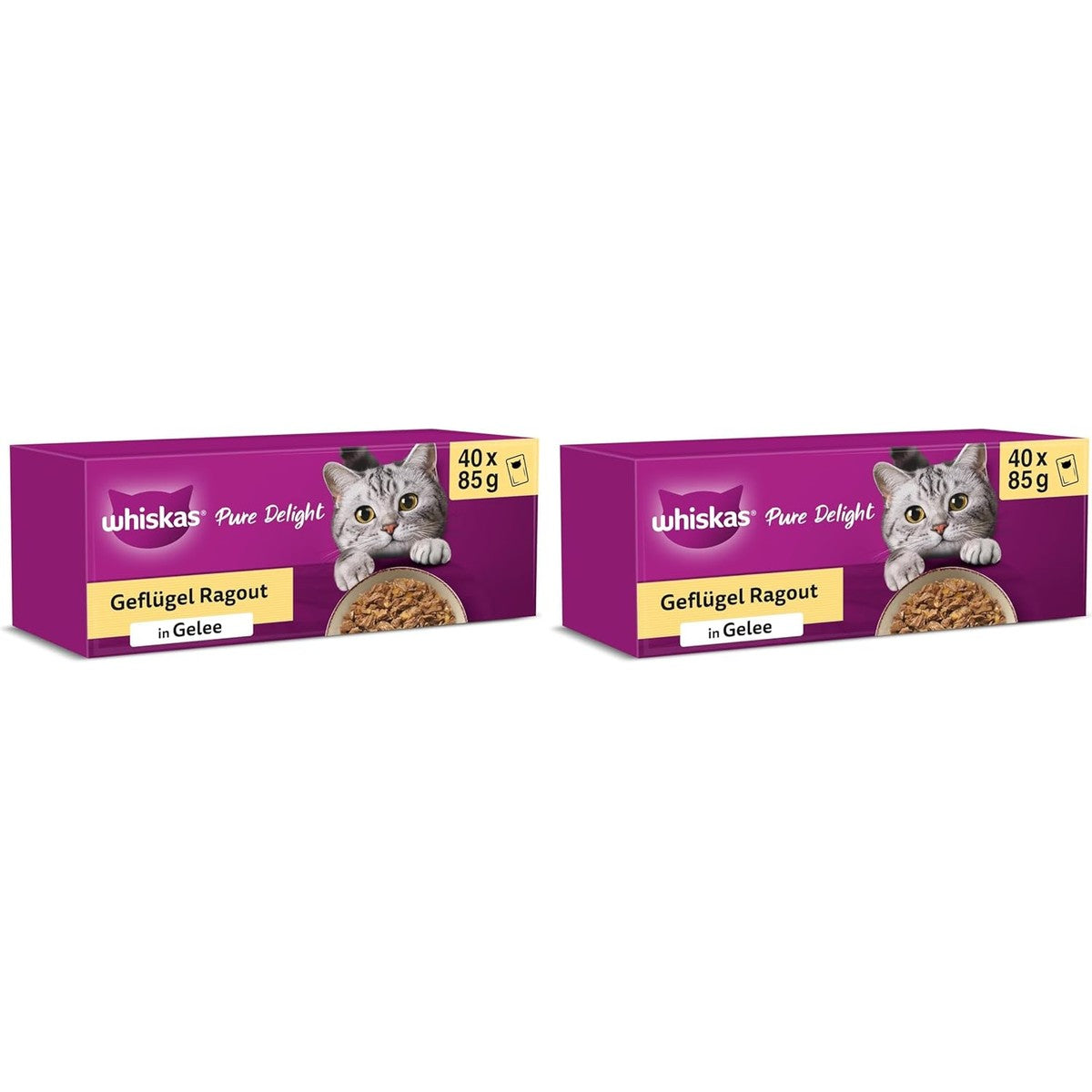 Whiskas Ragout Kattenvoer, gevogelte, keuze uit gelei, 40 x 85 g (1 verpakking), hoogwaardig nat voer voor volwassen katten, in 40 portiezakken (verpakking van 2) – whiskas