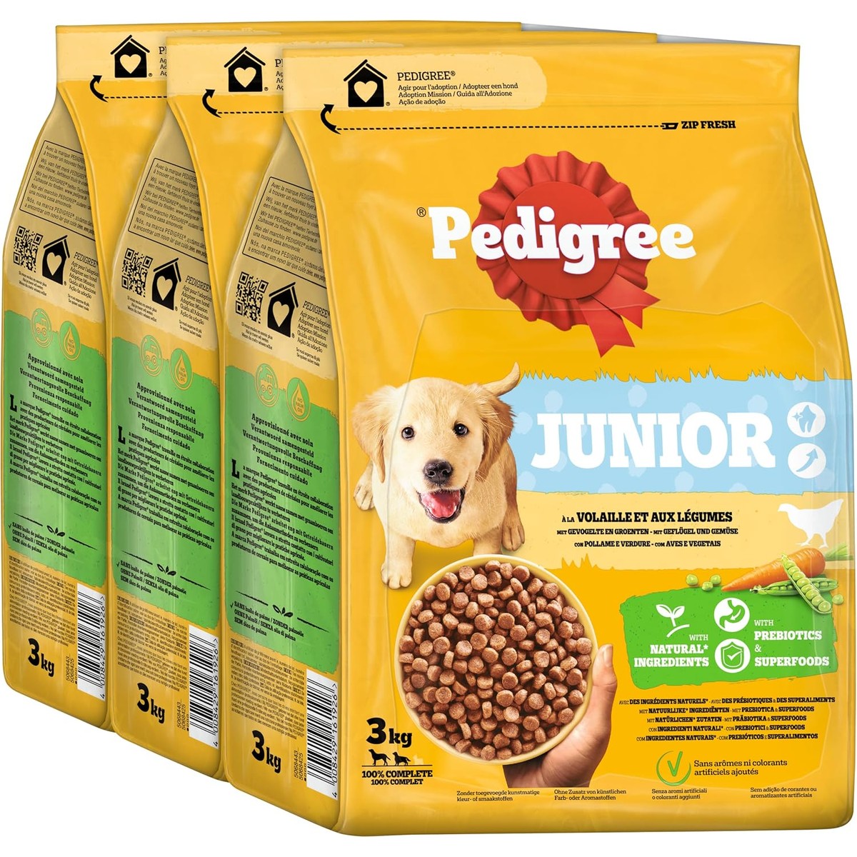 Pedigree Junior droogvoer voor honden, voor puppy's met gevogelte en groenten, 3 x 3 kg – Pedigree