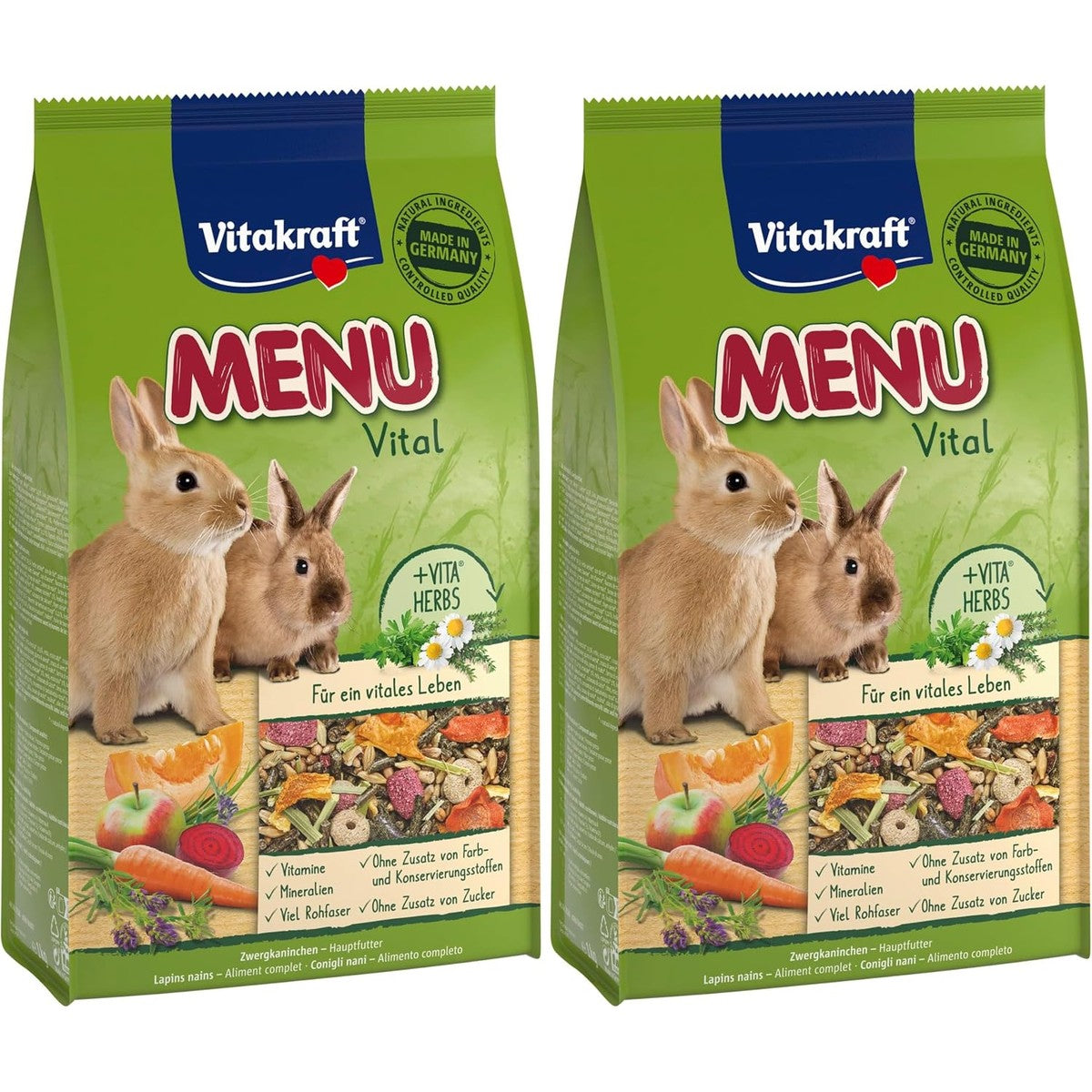 Vitakraft Menu Vital Voeding voor dwergkonijnen, met kruiden en groenten, rijk, rijk, zonder toegevoegde suiker (1 x 1 kg) (verpakking van 2) – Vitakraft