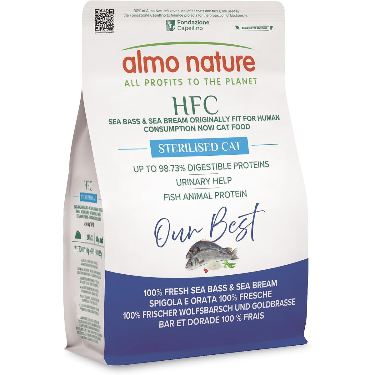 Almo Nature HFC Our Best - Adult Gesteriliseerd - Droogvoer voor gesteriliseerde katten - zeebaars en zeebrasem - Voor gewichtscontrole, levensmiddelenkwaliteit, glutenvrij - 300 g – almo nature