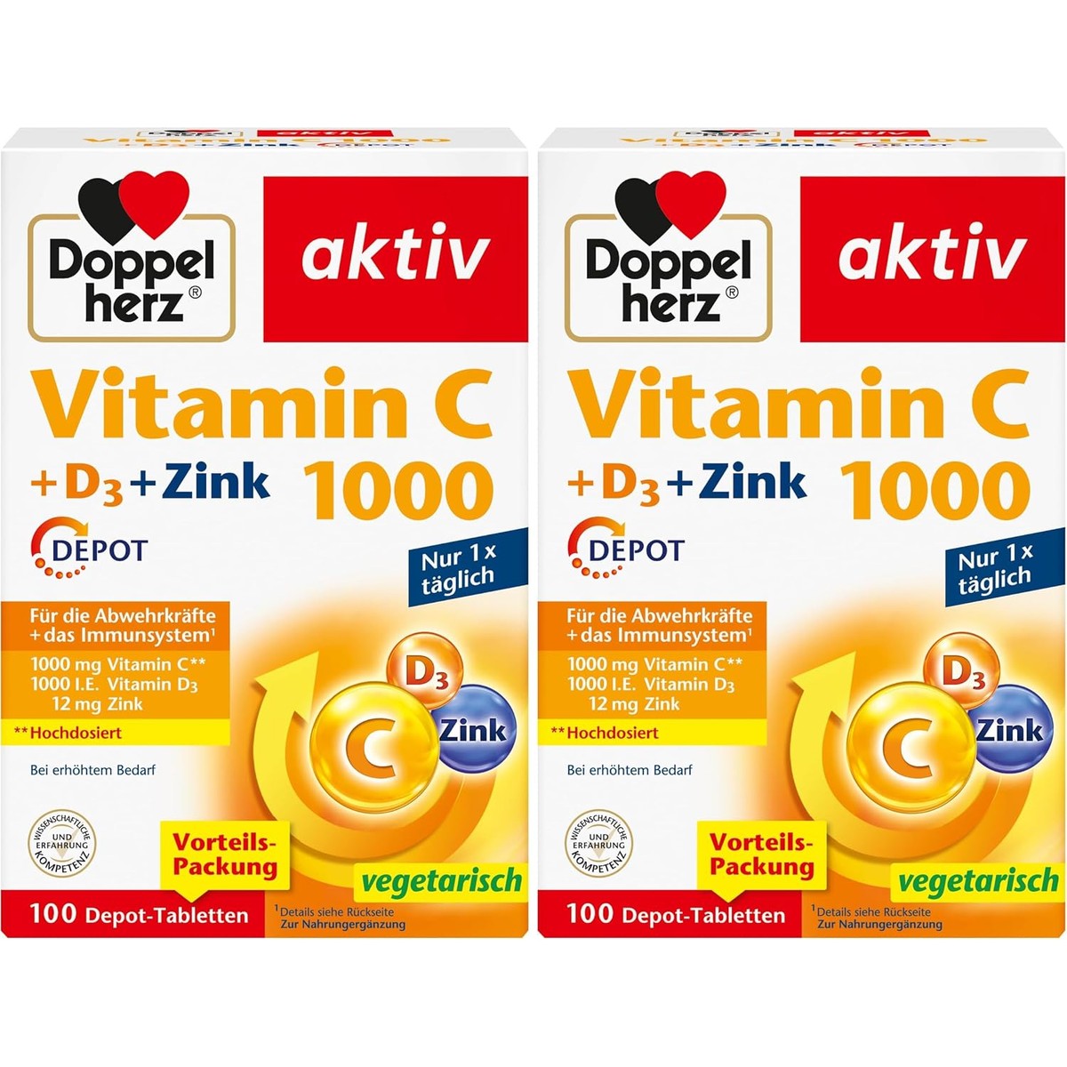 Doppelherz Vitamine C 1000 + D3 + zink - Hoge dosis vitamine C en vitamine D ter ondersteuning van het immuunsysteem en ter bescherming van de cellen - 100 DEPOT-tabletten (verpakking van 2) – Doppelherz