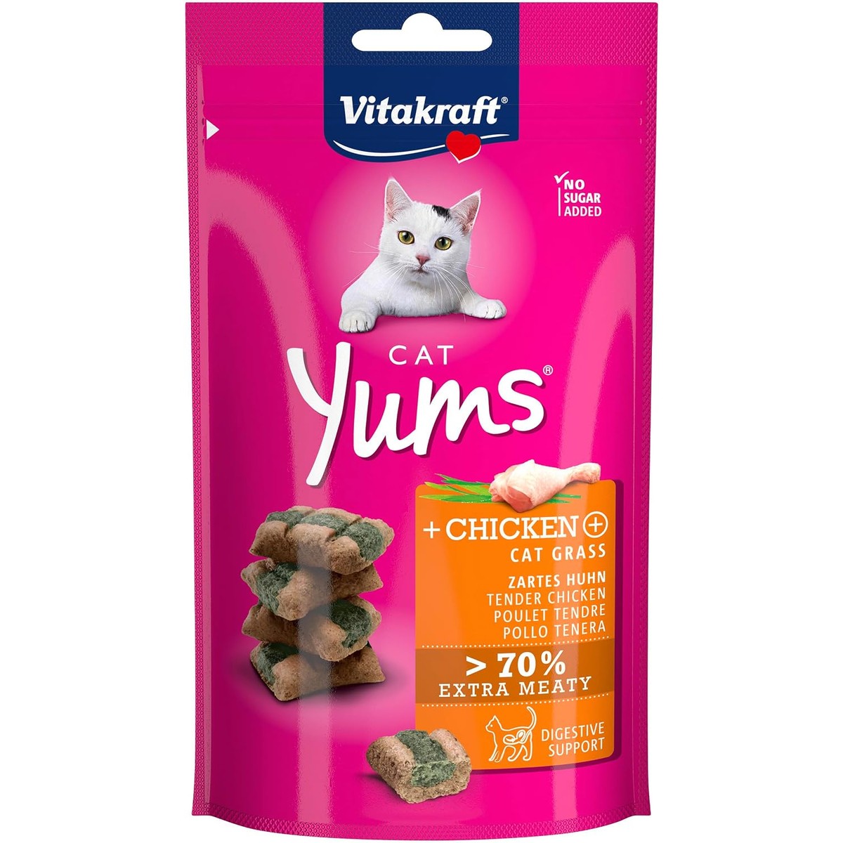 Vitakraft Cat YUMS, kattenlekkernijen, zachte kattensnack gevuld met kip en kattengras, in hersluitbare zak, zonder toegevoegde suiker (1 x 40 g) – Vitakraft