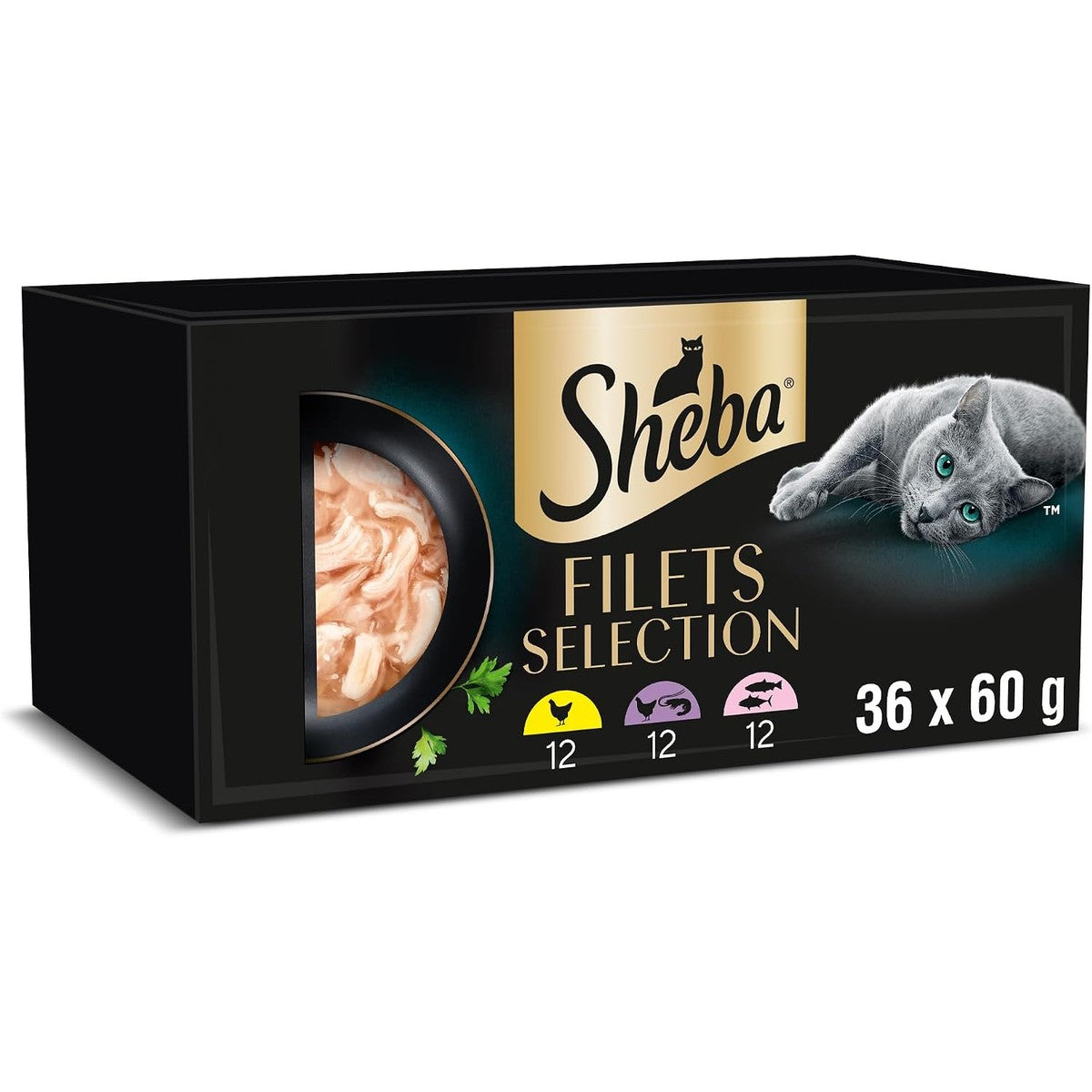 Sheba Filets Adult kattenvoer in saus met kip, zeevis en garnalen, zalm en tonijn, 36 x 60 g schaal – Sheba