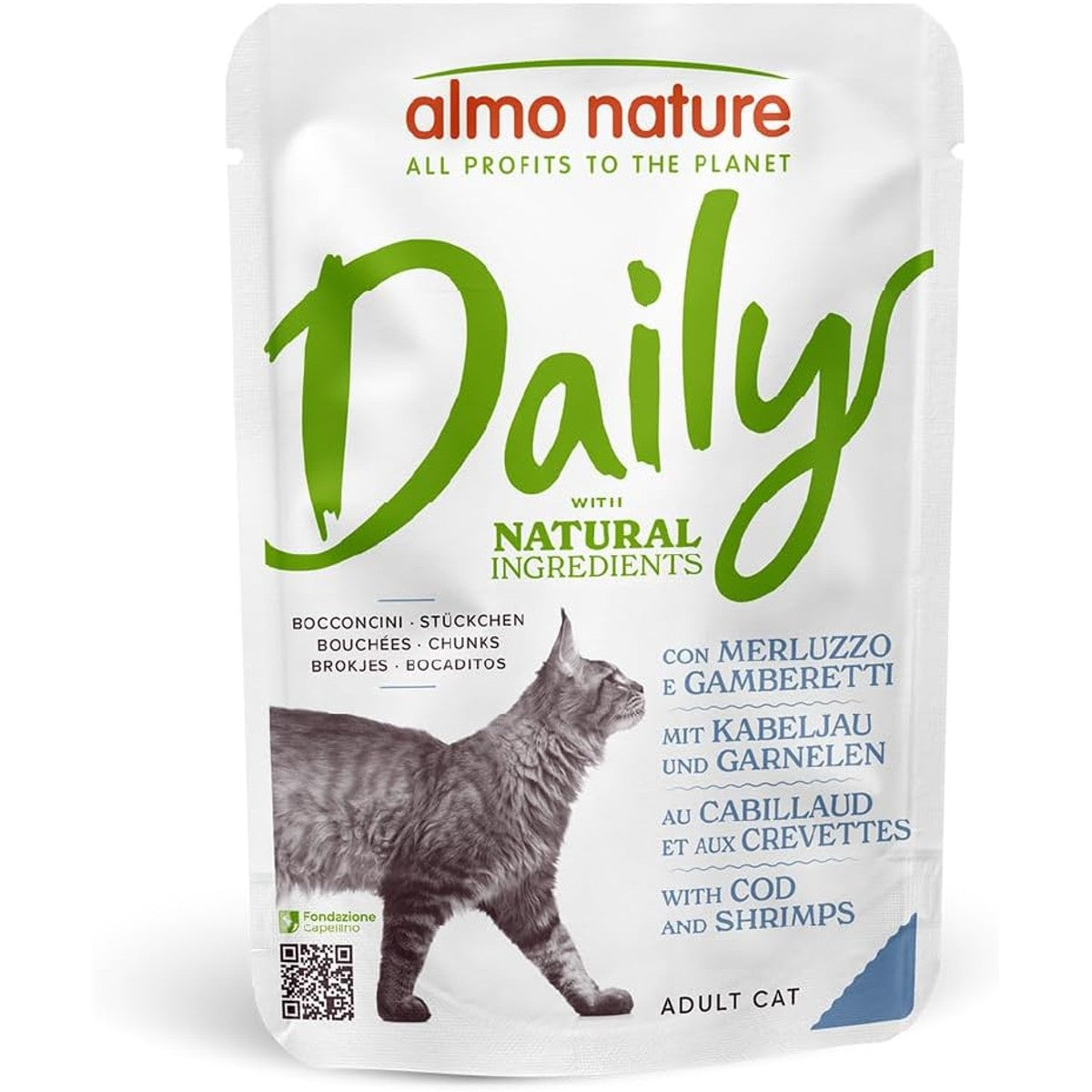 Almo Nature Daily - natvoer voor katten - kabeljauw en garnalen - 70 g, verpakking van 30 – almo nature