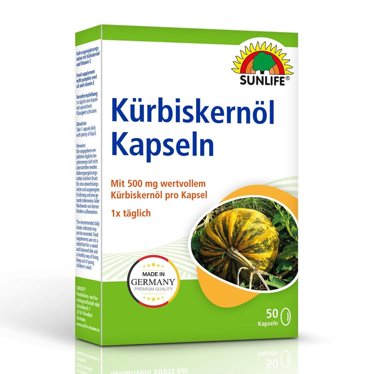 SUNLIFE Pompoenpitoliecapsules, 500 mg, hoge dosering, 50 stuks voedingssupplementen, koudgeperste premium kwaliteit, met vitamine E voor celbescherming, glutenvrij en suikervrij – Sunlife