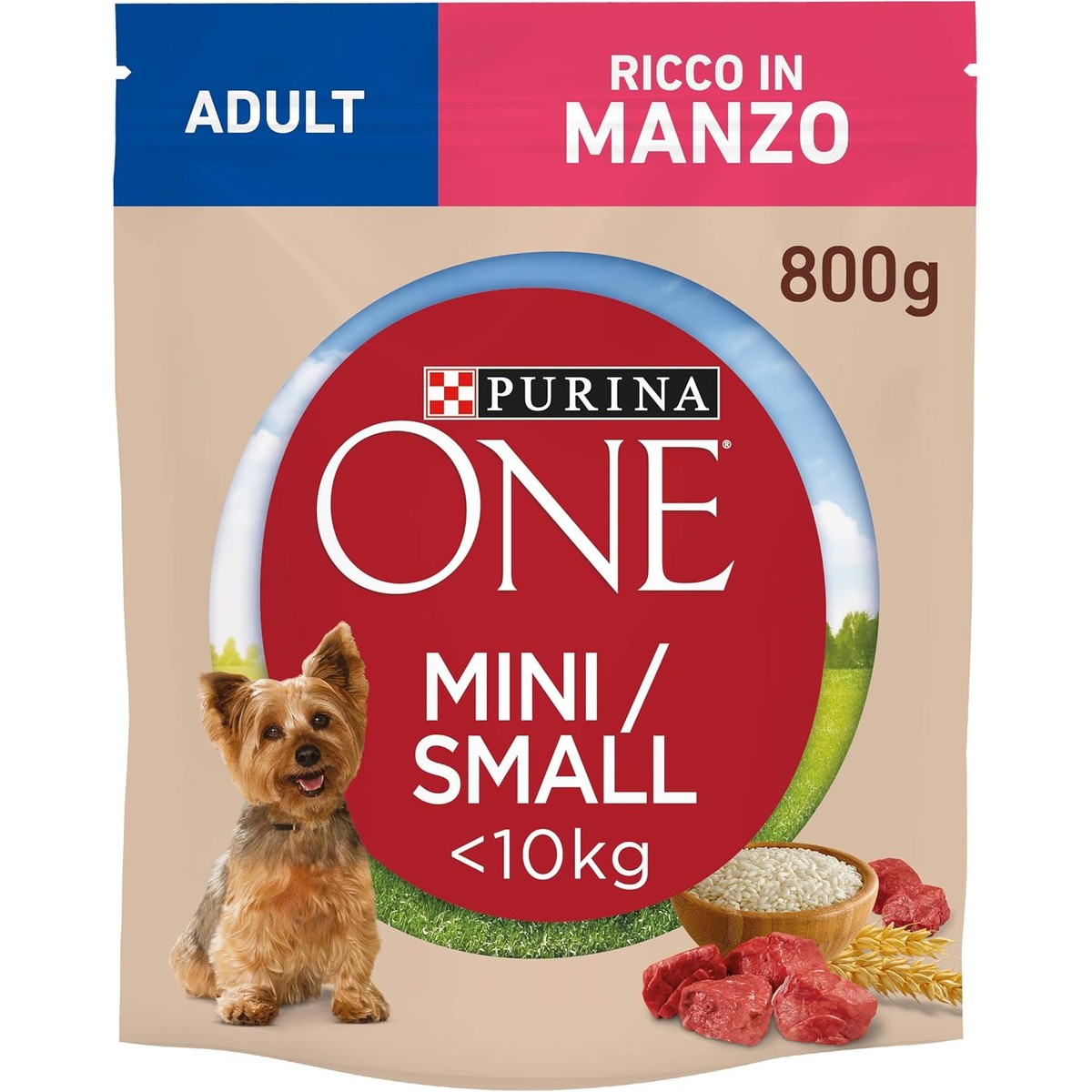 PURINA ONE Mini-hondenroketten voor volwassenen, rijk aan rundvlees, met rijst, voor honden tot 10 kg, 8 zakken van elk 800 g – PURINA ONE