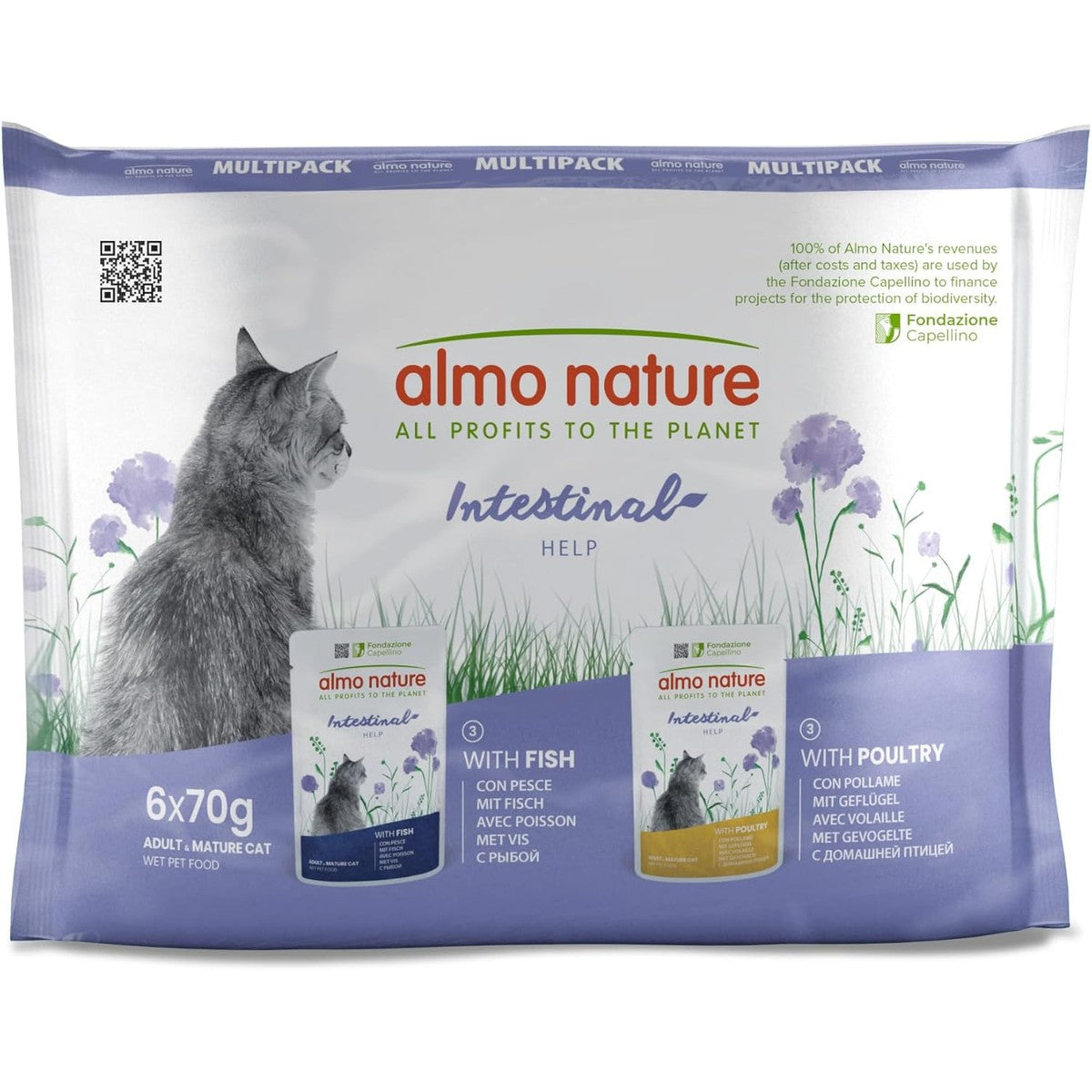 Almo Nature Functioneel - Intestinal Help - Vochtvoeding voor volwassen katten met gevoelige darm - met vis en gevogelte - Ondersteuning van het microbioom - 70 g (6 stuks) – almo nature