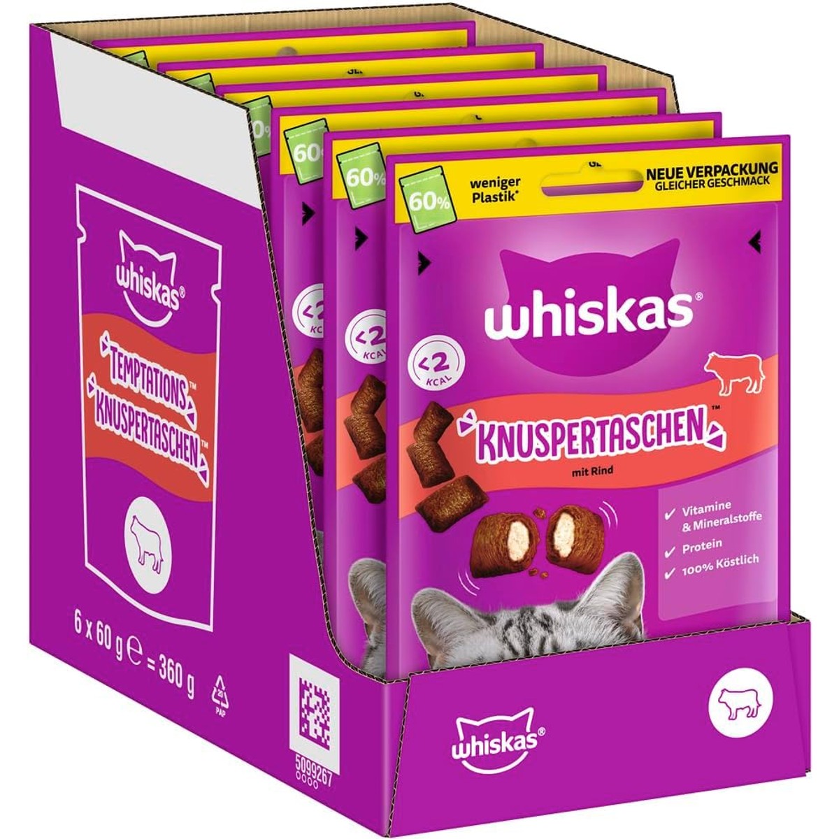 WHISKAS Knusperbags Kattensnacks met rundvlees, 6 x 60 g, lekkere rundsnacks voor katten – whiskas