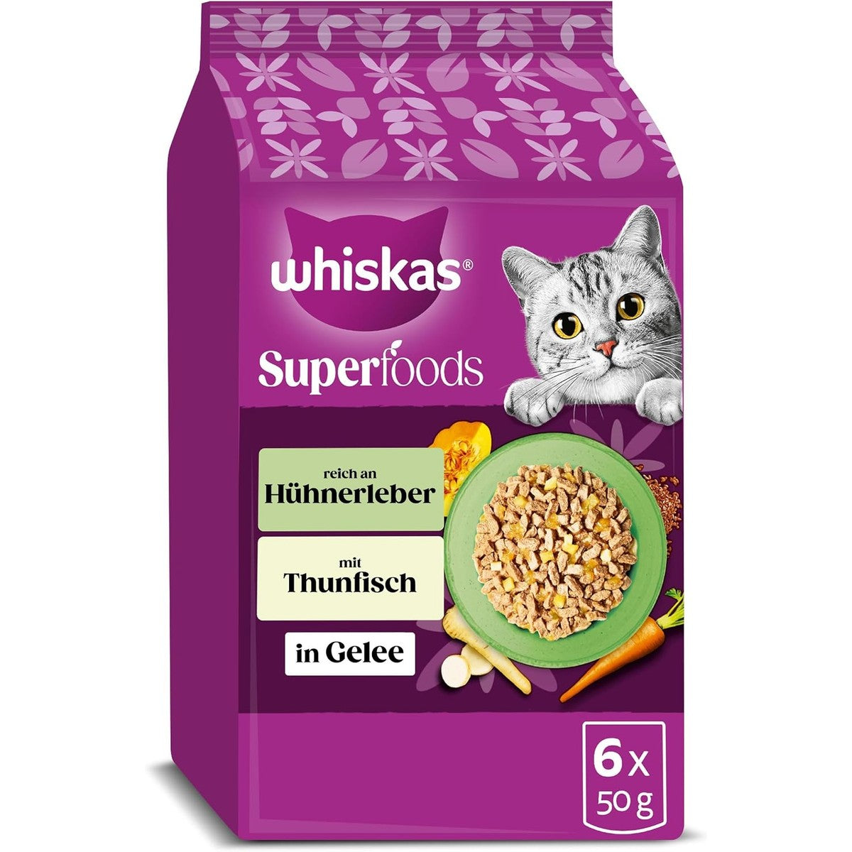 WHISKAS 1+ SUPERFOODS Fine Variety natvoer in gelei 6 x 6 x 50 g (verpakking met 36 zakjes) – whiskas