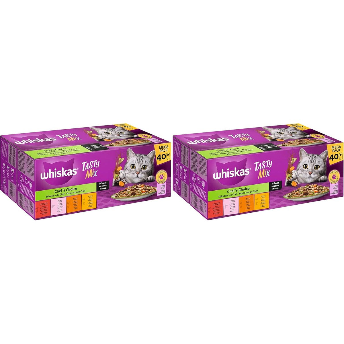 WHISKAS 1+ nat kattenvoer - vanaf 1 jaar - 40 x 85 g portiezak - natvoer voor katten in saus - hoogwaardig nat voer voor katten - grote verpakking (verpakking van 2) – whiskas