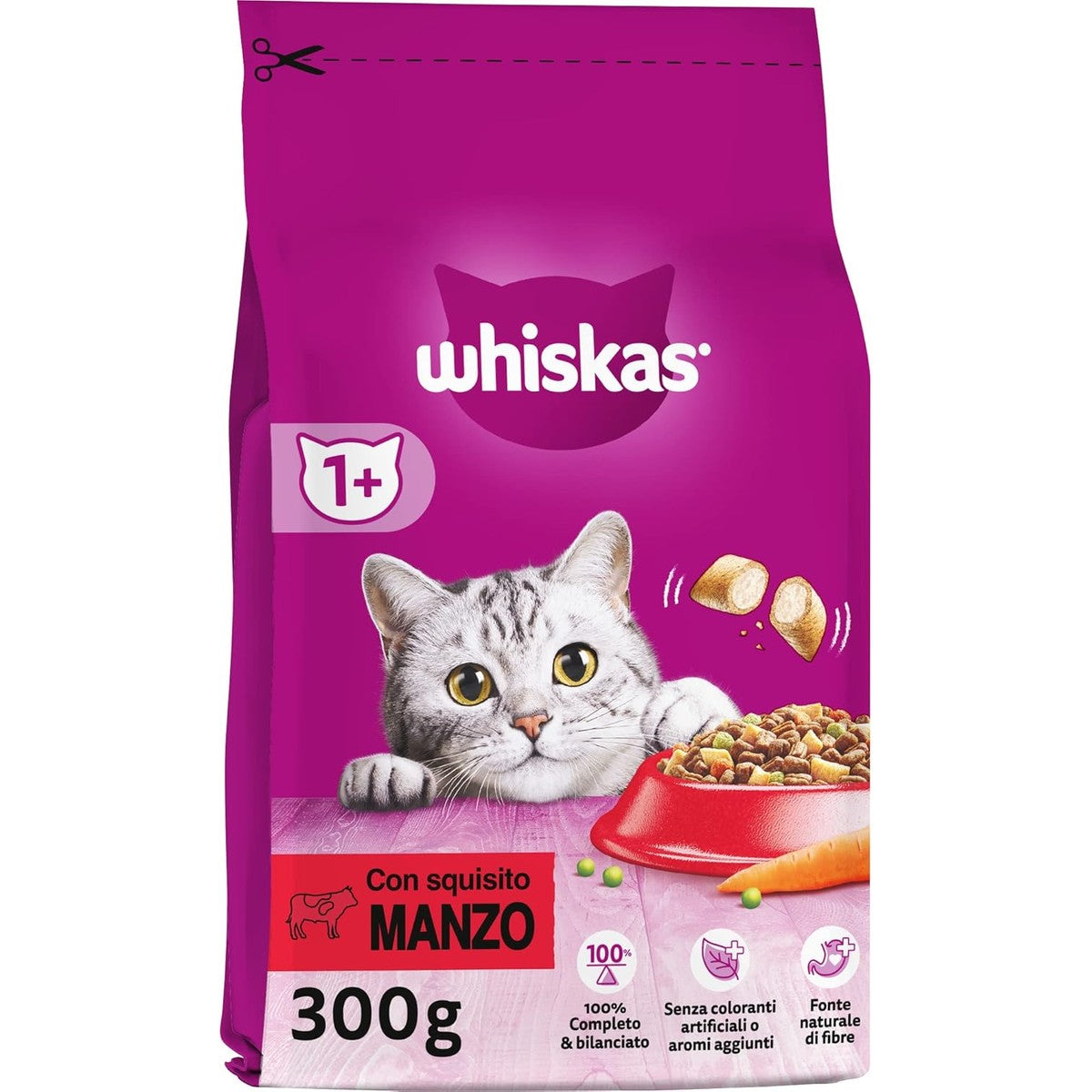 Whiskas Droogvoer Adult 1+ met rundvlees, droogvoer voor volwassen katten, 14 x 300 g – whiskas