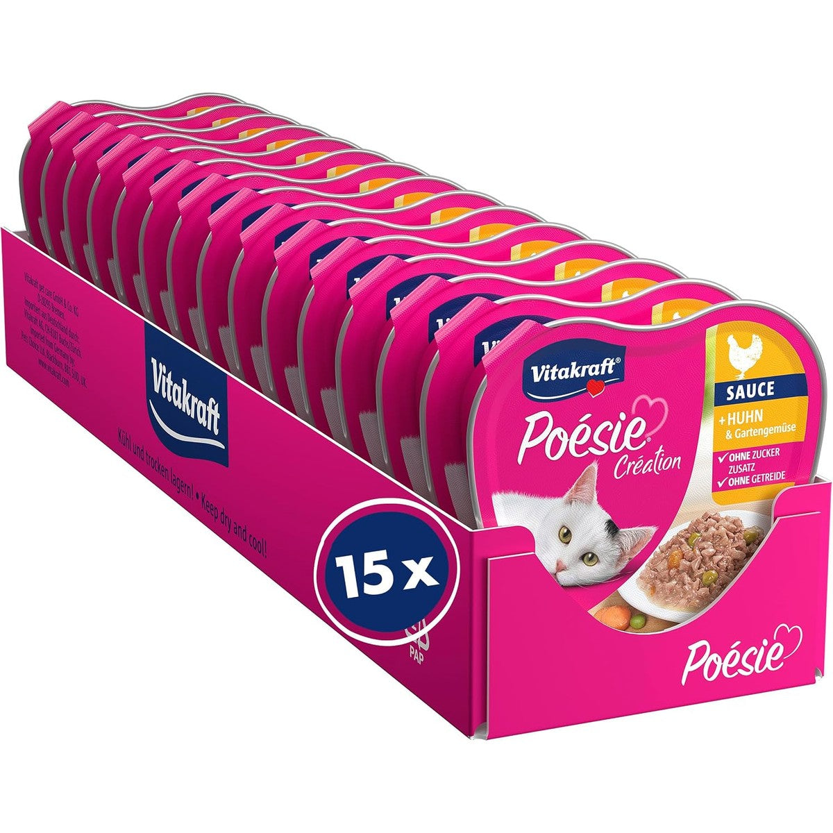 Vitakraft Poésie Création Natvoer voor katten, nat kattenvoer in saus, met kip en tuingroenten, voorraadverpakking, zonder toevoeging van suiker en granen (15 x 85 g) – Vitakraft