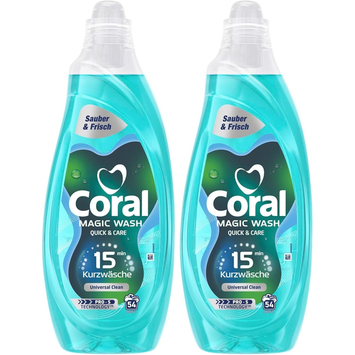 Coral Magic Wash Quick & Care Wasmiddel Universal Clean vloeibaar wasmiddel voor 15 minuten kort wassen met PRO-S technologie 54 WL (verpakking van 2) – Coral