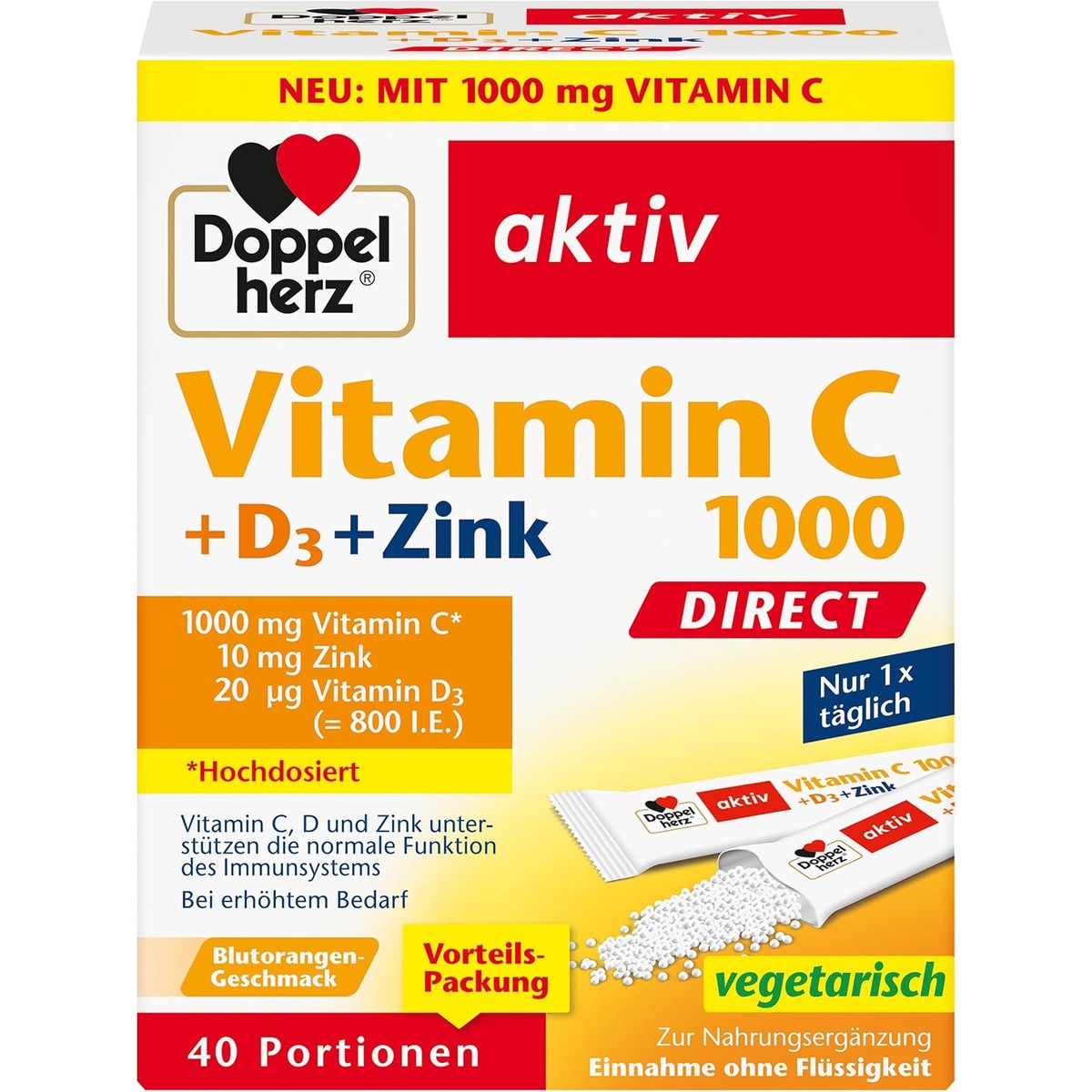 Doppelherz Vitamine C 1000 + D3 + zink Direct - bloedsinaasappelsmaak – Doppelherz