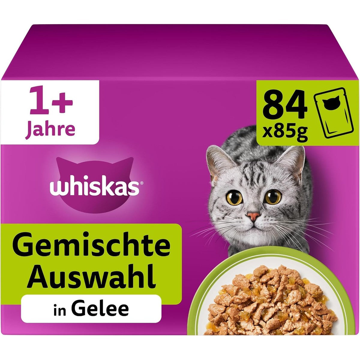 Whiskas Adult 1+ natvoer voor katten, gemengde selectie in gelei, 84 portiezakken, 84 x 85 g (1 grote verpakking), hoogwaardig nat kattenvoer, voor volwassen katten – whiskas