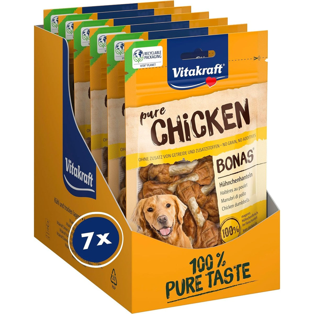 Vitakraft Pure Chicken Bonas, hondensnacks, kippenhalters, hondentrainingslekkernijen, zonder toevoeging van suiker (7 x 80 g) – Vitakraft