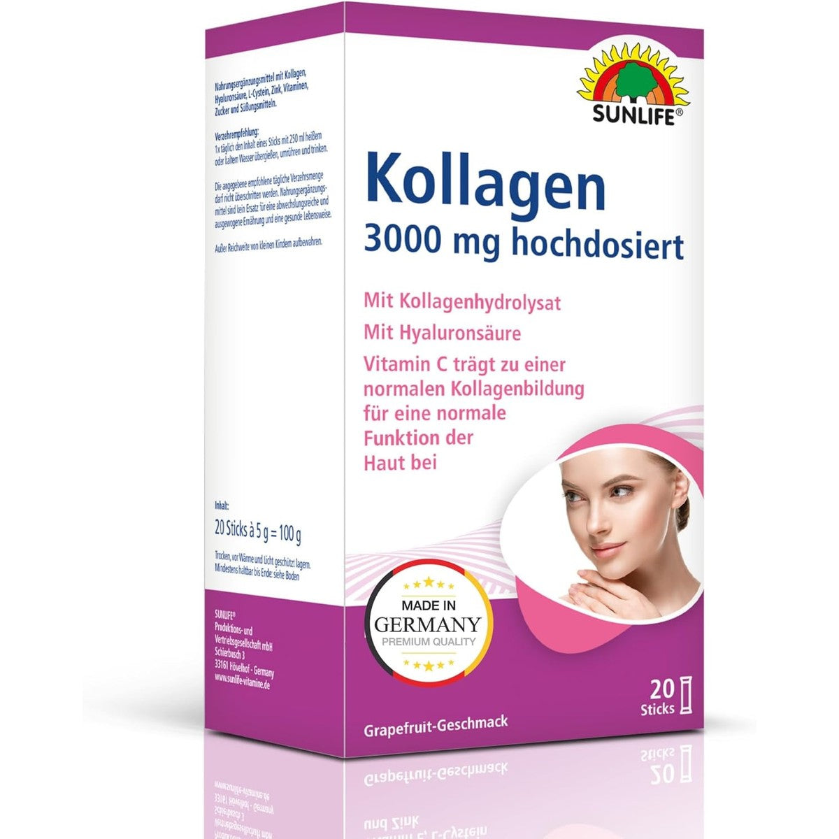 SUNLIFE Collageen 3000 mg hoog gedoseerd, 1 x 20 stuks, collageenpoedersticks met hyaluronzuur, elastine en L-cysteïne, hoogwaardig voedingssupplement voor de huid, vitamine C, E, A en zink – Sunlife