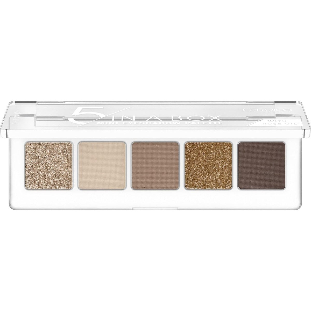 Catrice 5-in-A Box Mini Oogschaduwpalet, oogschaduw, nr. 010 Golden Nude Look, meerkleurig, 5 nude-tinten, met oliën, intensief, mat, metallic, glinsterend, veganistisch, nanodeeltjes vrij (4g) – Catrice Cosmetics