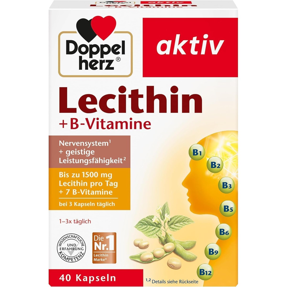 Doppelherz Lecithin – Nahrungsergänzungsmittel mit Vitamin B1, B2 und B6 als Beitrag zur normalen Funktion des Nervensystems – 1 x 40 Kapseln – Doppelherz