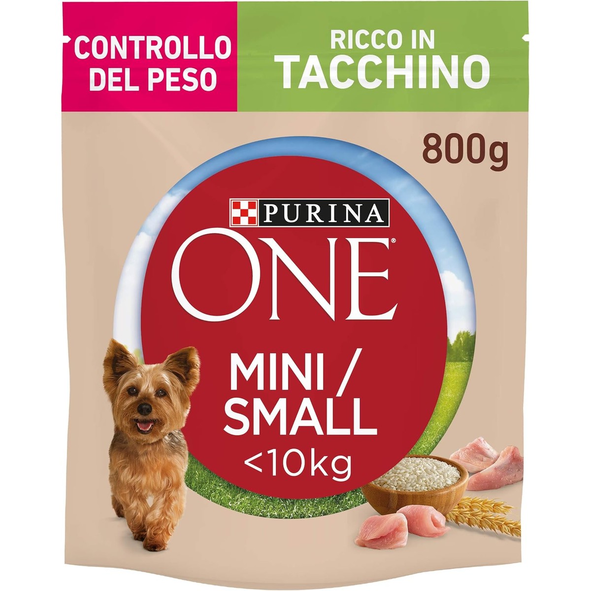 Purina One Mini Gewichtscontrole, < 10 kg, voor kleine honden, rijk aan kalkoen met rijst, 8 verpakkingen van 800 g – PURINA ONE