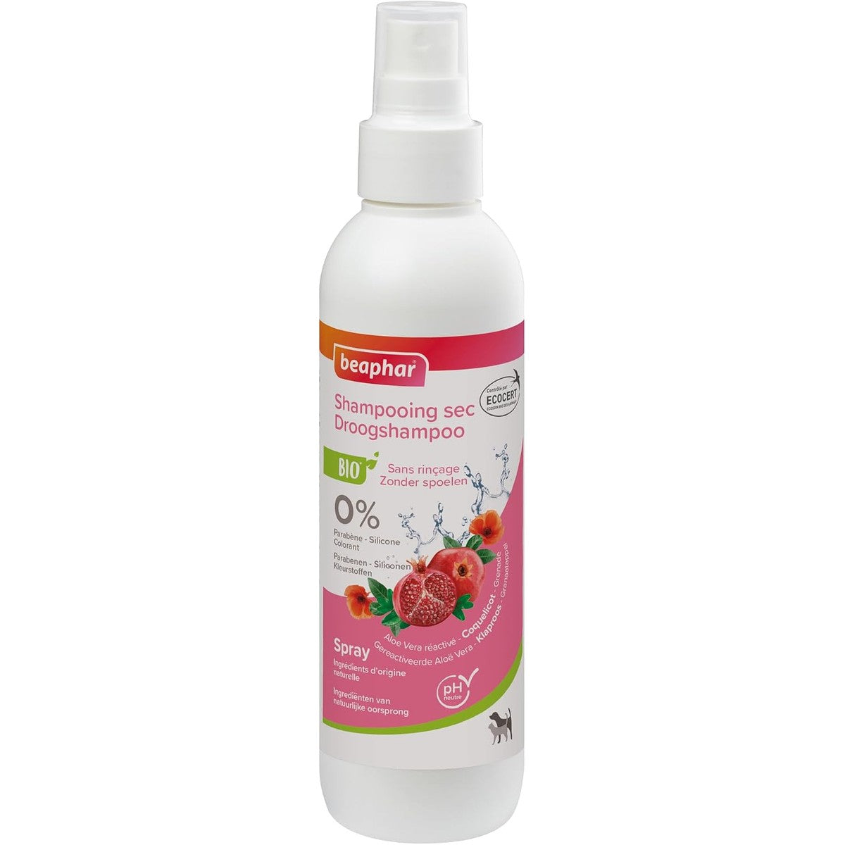 Beaphar ECOCERT Droge shampoo voor honden en katten, bevat aloë vera, bourretcholie en biologische munt, pH-neutraal, zonder parabenen, siliconen, kleuren, alcohol, 200 ml – beaphar