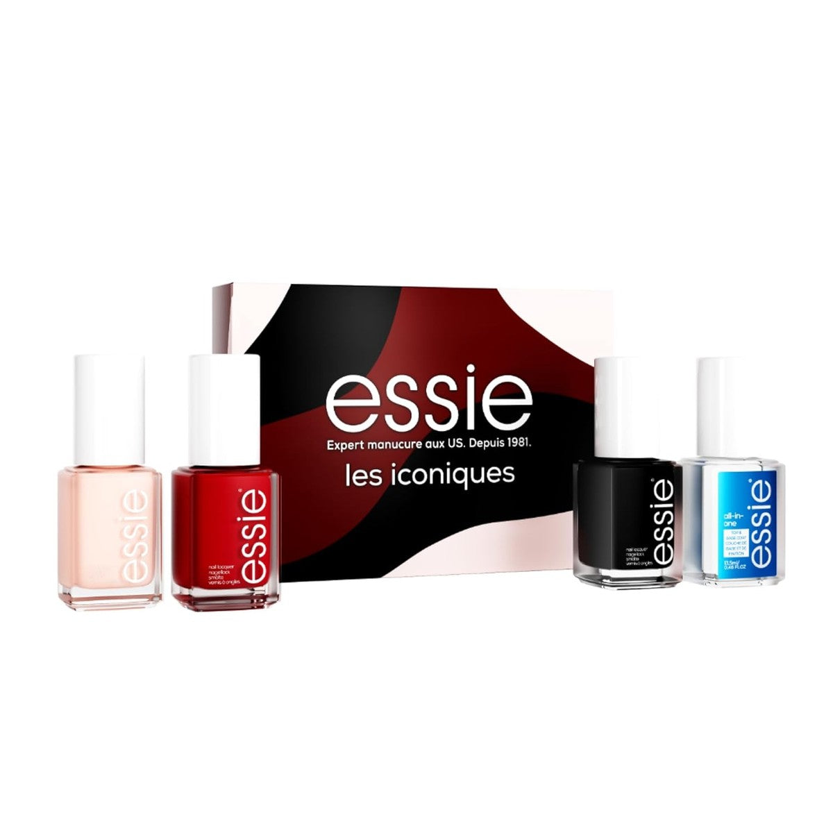Essie - Les Iconiques Set – 3 grote nagellak plus 1 all-in-one nagellak, foundation, versterking en toplaag – lange grip en hoge glans – intensieve kleur – 4 x 13,5 ml – essie