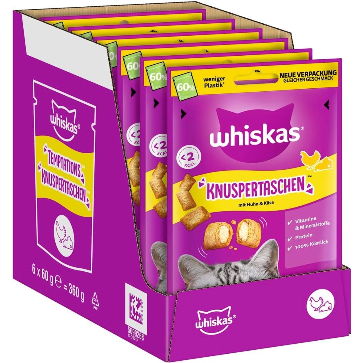 Whiskas Knusperbags kattensnack kip en kaas 6 x 60 g