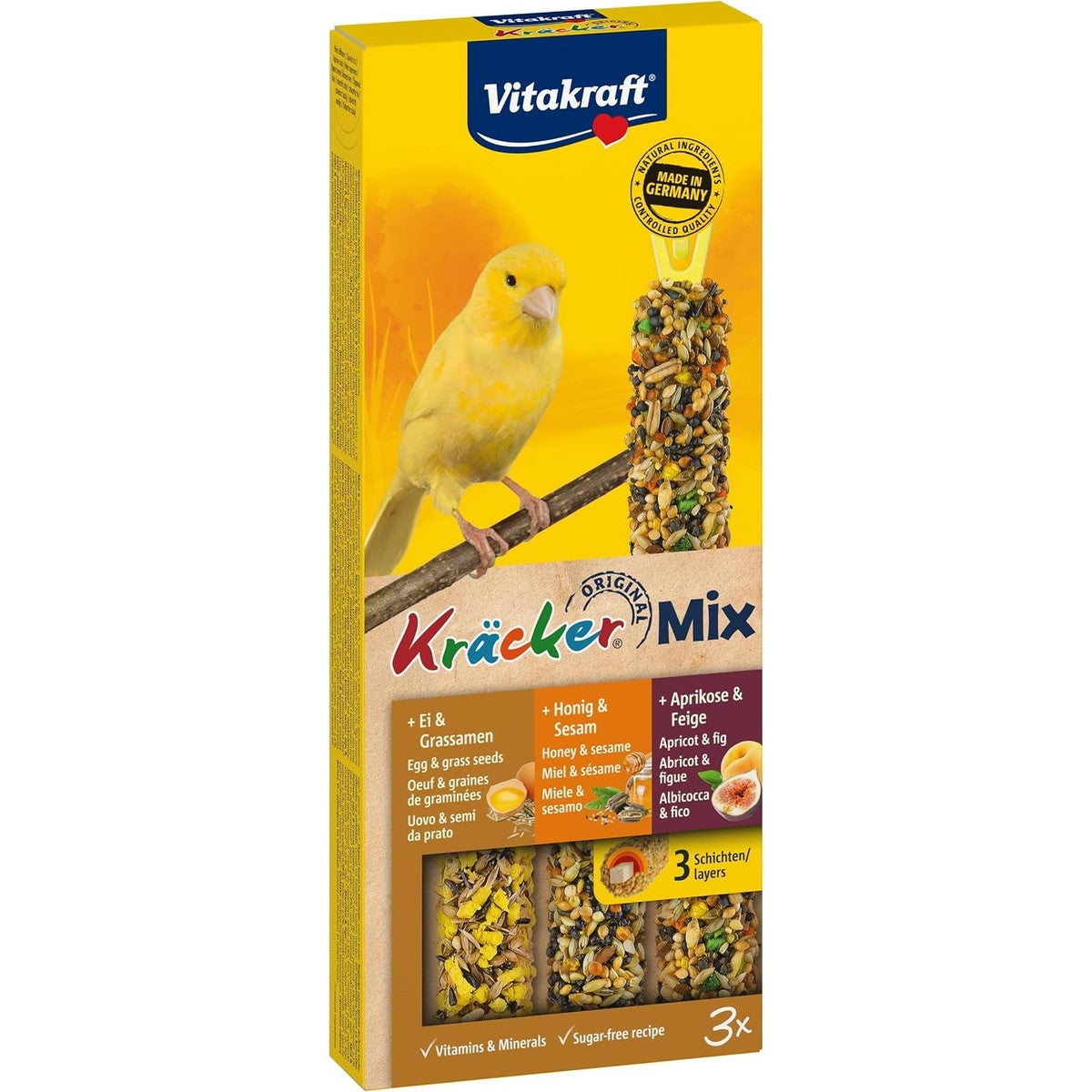 Vitakraft Kruikmix, vogelsnack, knabbelstokjes, met ei en graszaad, met abrikoos en vijg, met honing en sesam, voor snavelverzorging, zonder toegevoegde suiker (1 x 80 g) (verpakking van 10) – Vitakraft