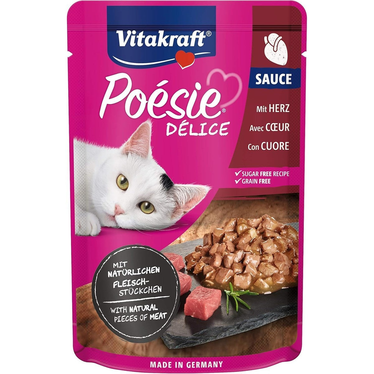 Vitakraft Poésie Délice, natvoer voor katten, natvoer voor katten, in saus, met hart, zonder toegevoegde suiker en granen, 1 x 85 g – Vitakraft