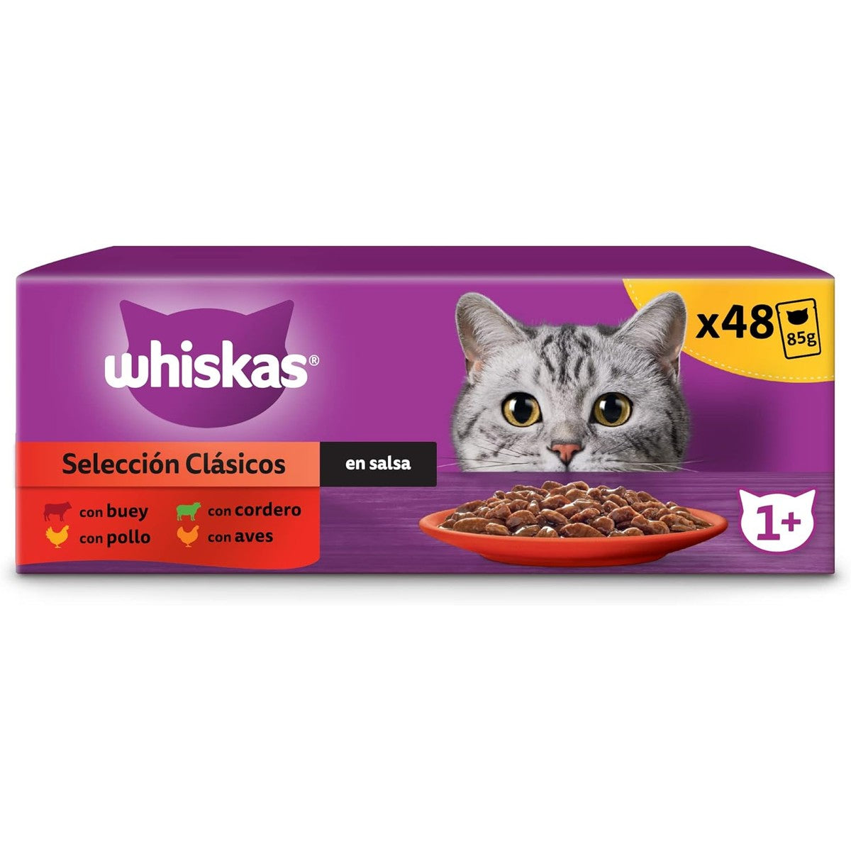 Whiskas Natvoer voor katten en volwassenen, klassieke selectie in saus (multipack, 4 x 12 x 85 g) – whiskas