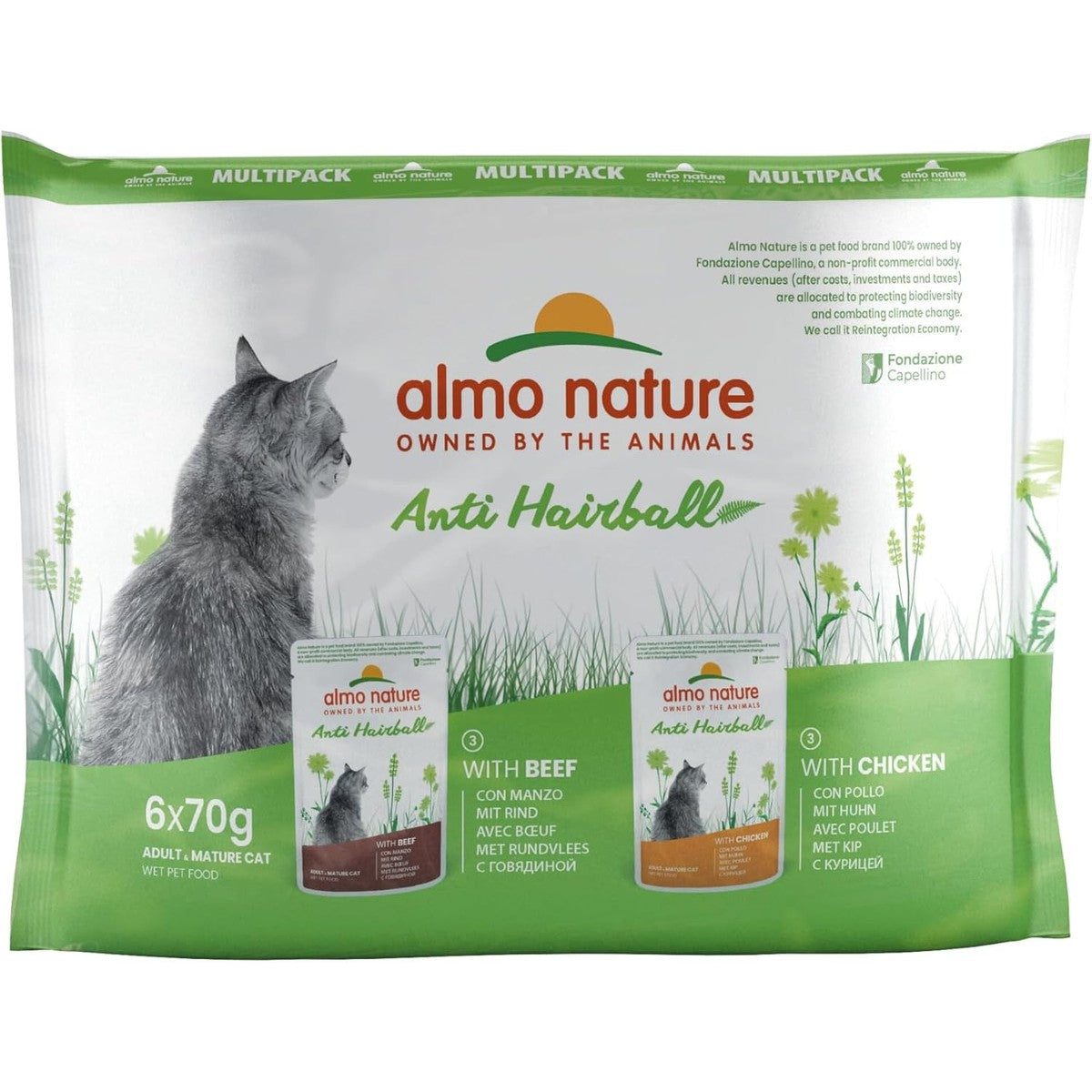 Almo Nature Functioneel - Anti-haarbal - Vochtvoeding voor volwassen en oudere katten - met rundvlees en kip - tegen haarbalvorming - 70 g (verpakking van 6 stuks) – almo nature