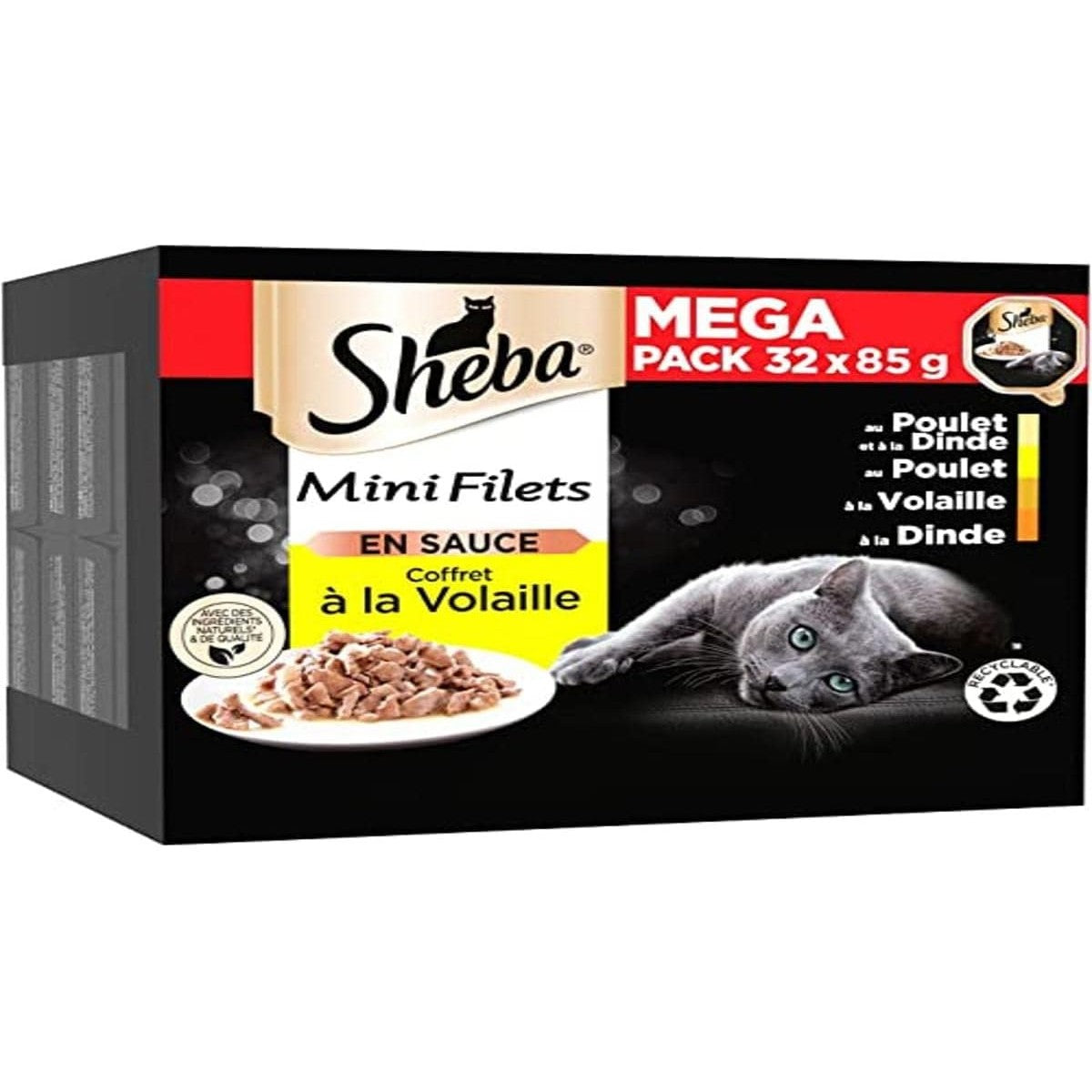 Sheba Mini-netten in saus, keuze met gevogelte, kommen voor volwassen katten, 4 soorten, mega-pack, 32 x 85 g – Sheba