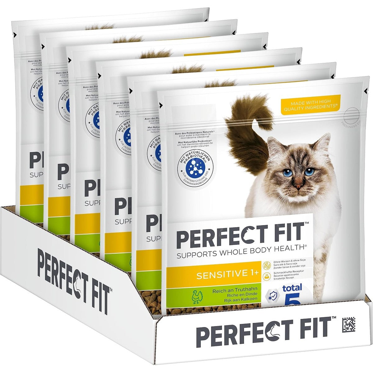 PERFECT FIT Volwassen droogvoer voor volwassenen, gevoelige katten vanaf 1 jaar - kalkoen, 750 g (6 zakken) – Perfect Fit