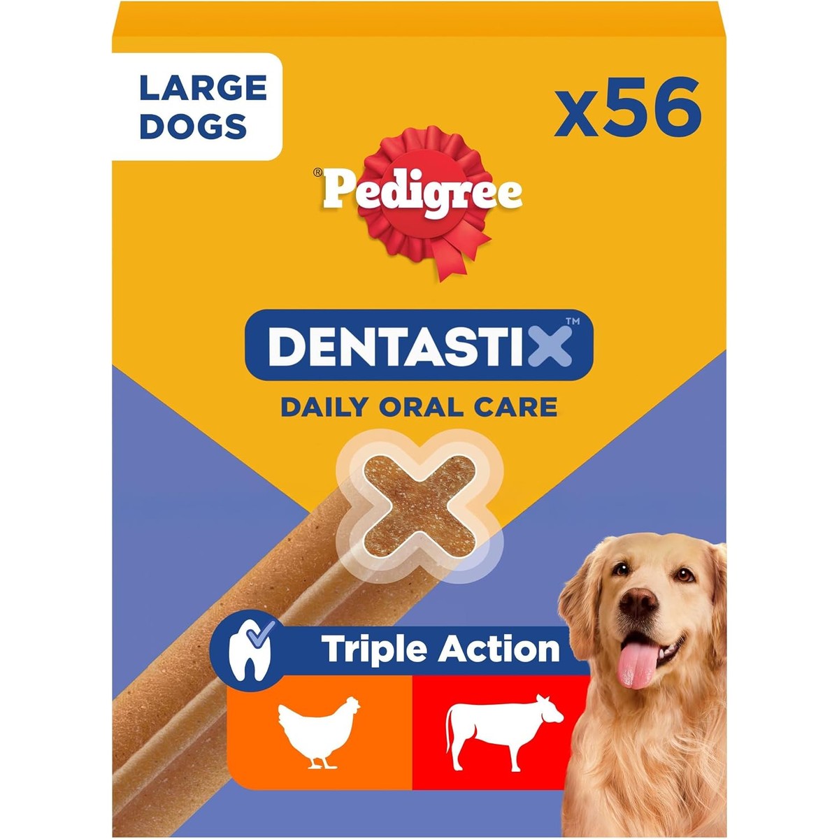 Pedigree DentaStix Hondensnack voor grote honden (25 kg+), tandverzorgingssnack met kip en rundvlees, 1 verpakking van 56 stuks (1 x 2,16 kg) – Pedigree