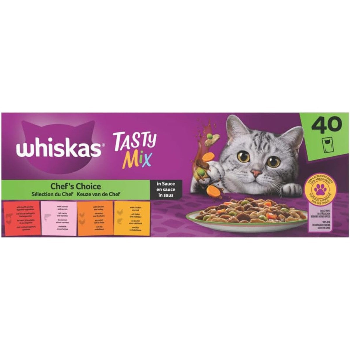 WHISKAS Mahlzeit für Katzen – 40 Frischebeutel – Tasty Mix Auswahl des Chefkochs (4 Sorten) – Nassfutter für ausgewachsene Katzen in Sauce – komplettes & ausgewogenes Nassfutter – whiskas