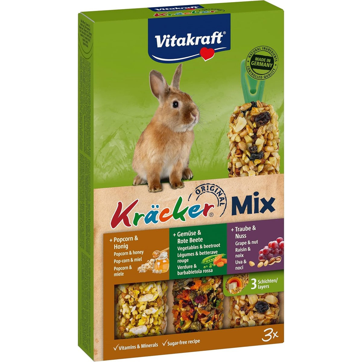 Vitakraft Cracker Mix, knabbelstokken voor dwergkonijnen, met popcorn en honing, met groenten en rode biet, met druif en noten, zonder toegevoegde suiker en granen (1 x 160 g) – Vitakraft